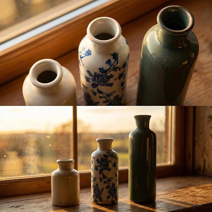 Rustic Ceramic Vase Set of 3, Farmhouse Decorative Flower Vases for Home Decor, Living Room Kitchen Bathroom Table Centerpieces, Shelf, Mantel and Entrance Decorations