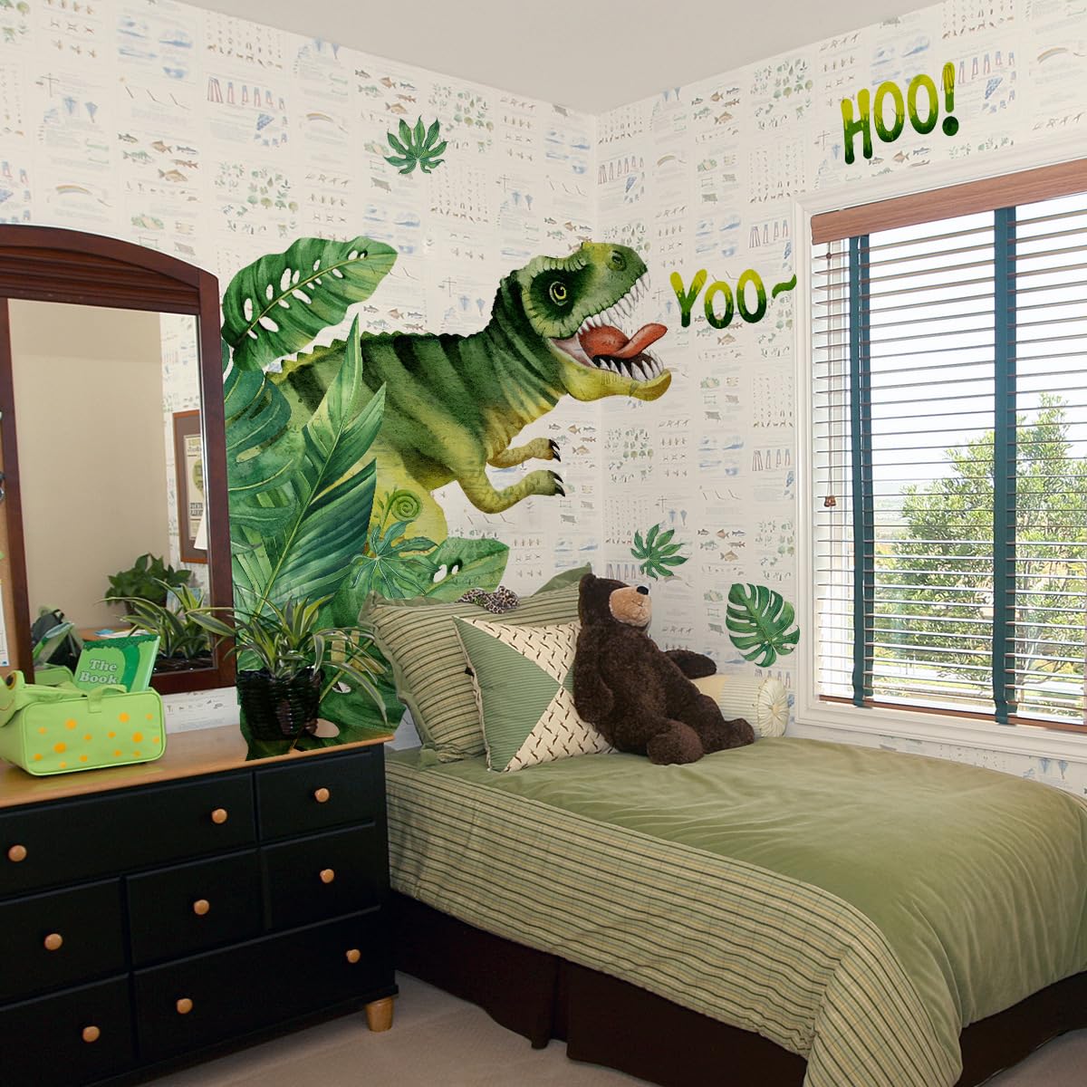 Mirabuy Yoo Hoo Dinosaur Wall Decals Tropical Large Dino Jungle Dinosaur Wall Stickers for Nursery Boys Bedroom Playroom