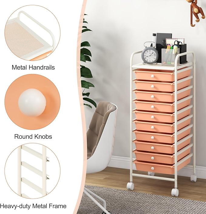 MEDIMALL 10 Drawers Rolling Storage Cart, Multipurpose Craft Storage Cart with Wheels, Mobile Tools Scrapbook Paper Organizer Cart for Office School Home Use