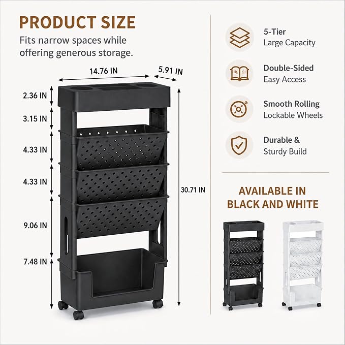 5-Tier Rolling Bookshelf, Book Storage Organization with Wheels Mobile Bookshelves Cart for Home Office Kids' Study Room School, Black