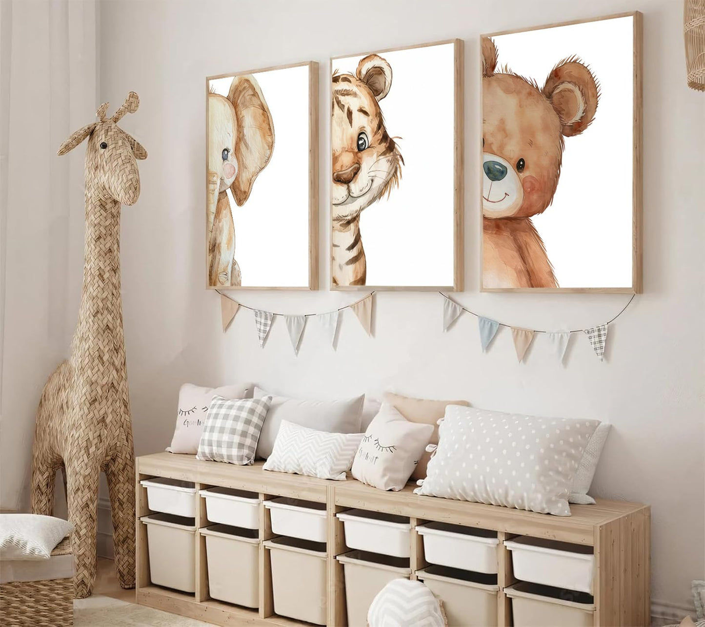 Devunaty 3pcs Funny Safari Animals Nursery Canvas Wall Art Baby Animals Poster Print Wall Decor Cute Bear Tiger Elephant Paintings Picture for Kids Baby Room Boys Girls Bedroom Decor 12X16in Unframed