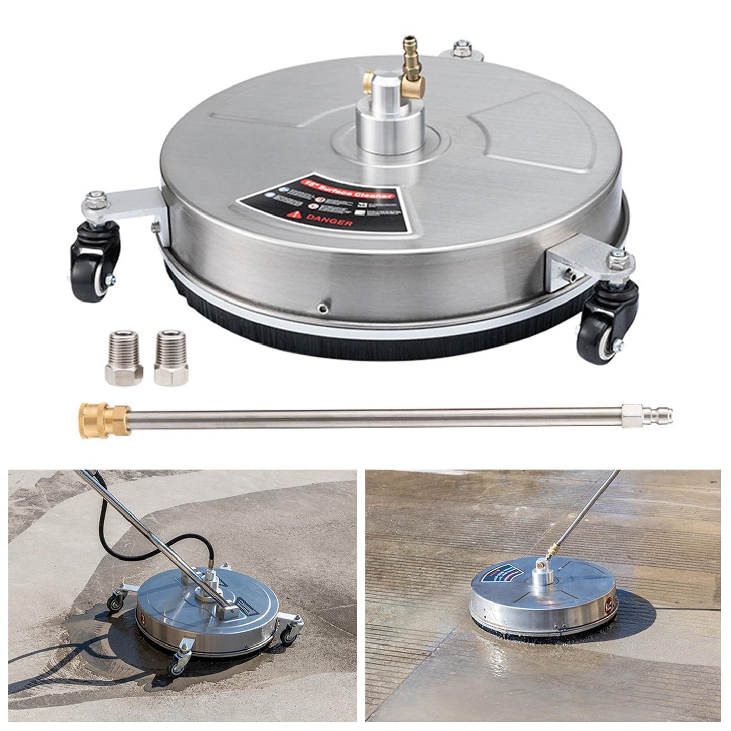 TRELVEX 15" Pressure Washer Surface Cleaner with Wheels Stainless Steel Power Washer Attachments Quick Connector Power Washer Surface Cleaner for Driveways, Sidewalks,Patio Stainless Steel