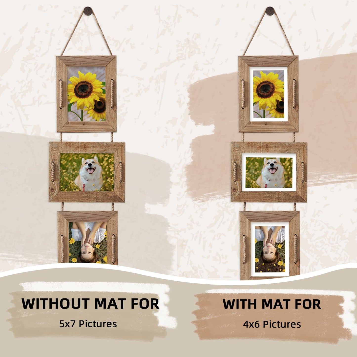 ABSWHLM 5x7 Picture Frames Rustic Solid Wood Hanging Picture Frames 4 Opening Photo Frame Display 4"x6" Pictures with Mat or 5"x7" Without Mat, 2 Pack Weathered Brown
