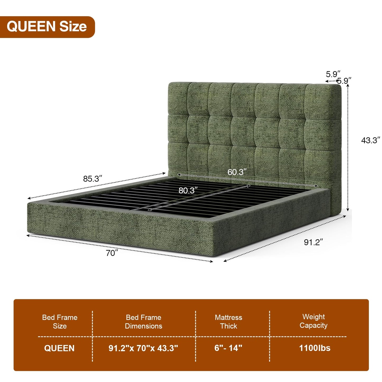 Lab Cosi Queen Cloud Bed Frame, Heavy Duty Upholstered Platform Bed with 2 Support Beams & Crossbar, 5.9" Thickened Foam for Safety, Easy Assembly, No Box Spring Needed, Exclusive Sage Green