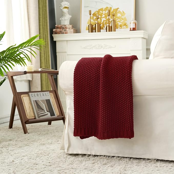 Longhui bedding Chunky Cable Knit Throw Blanket Lightweight Wine red 100% Organic Cotton Blanket for Sofa Couch Bed Baby Nursery, Rustic Shabby Chic Modern Farmhouse, 60” x 80” Give Laundering Bag