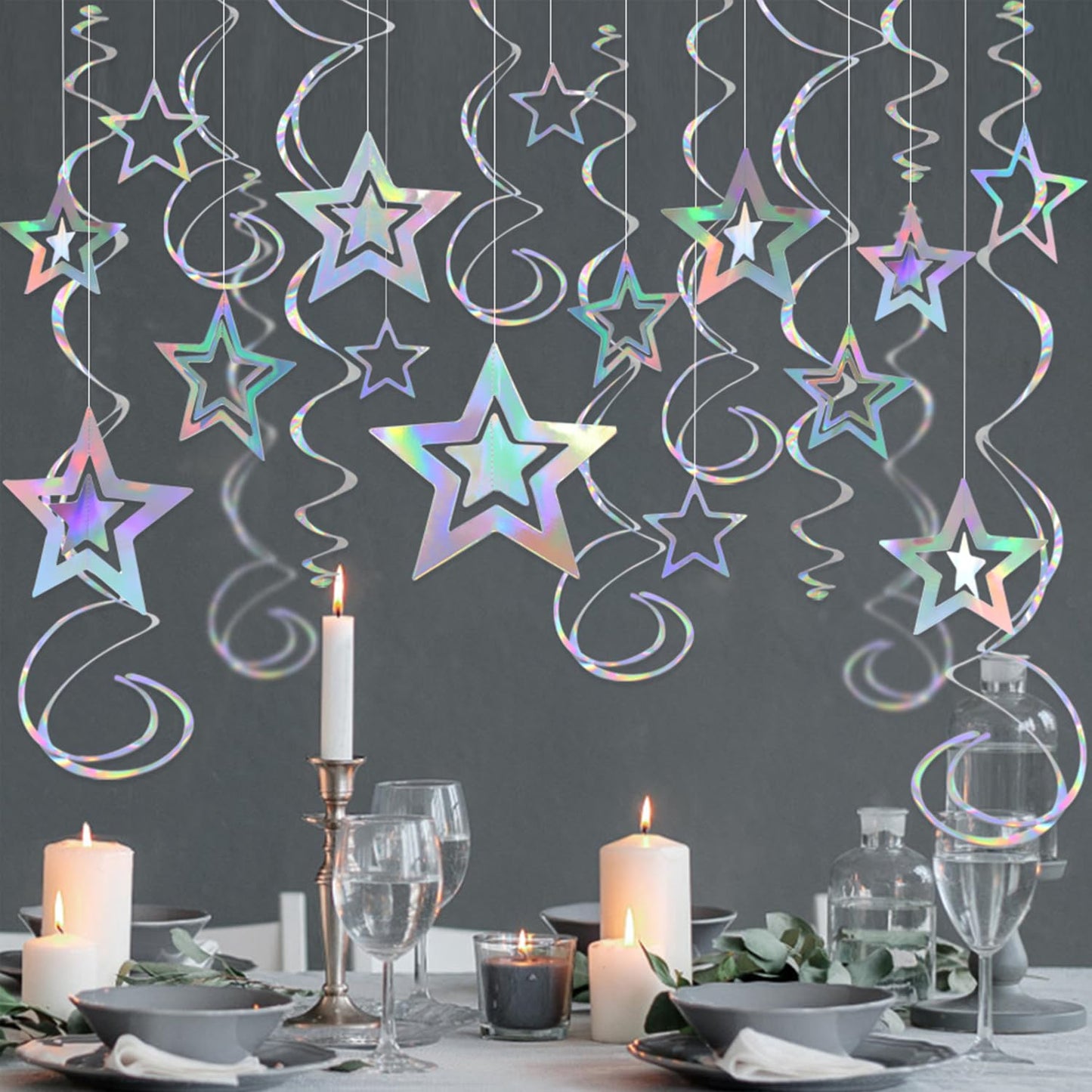 Iridescent 3D Hollow Star Garland with Holographic Foil Hanging Swirl Decorations Holographic Star Ornaments Bunting Banner Streamer for Birthday Baby Shower Wedding Ramadan EID Party Decor
