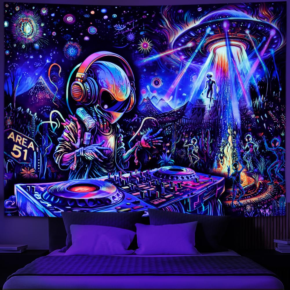 Galoker Blacklight Alien UFO Tapestry Trippy Galaxy Planet Tapestry UV Reactive Funny DJ Music Wall Tapestries Plant Cactus Tapestries Wall Hanging for Home Decor(51.2"x59.1")
