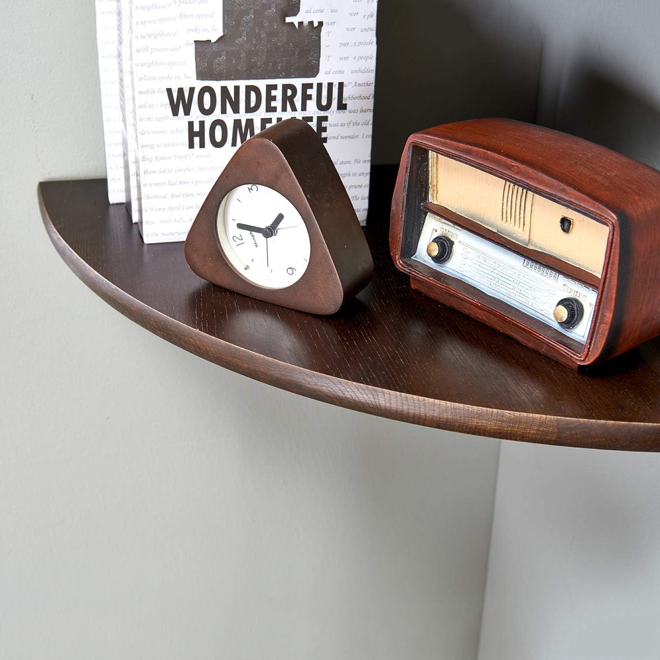 Conamily Corner Shelf,14inch Walnut Solid Wood Floating Corner Shelves Wall Mount Round End Floating Speaker Rack with Wire Hole for Small Plant for Bedroom Kitchen, Living Room