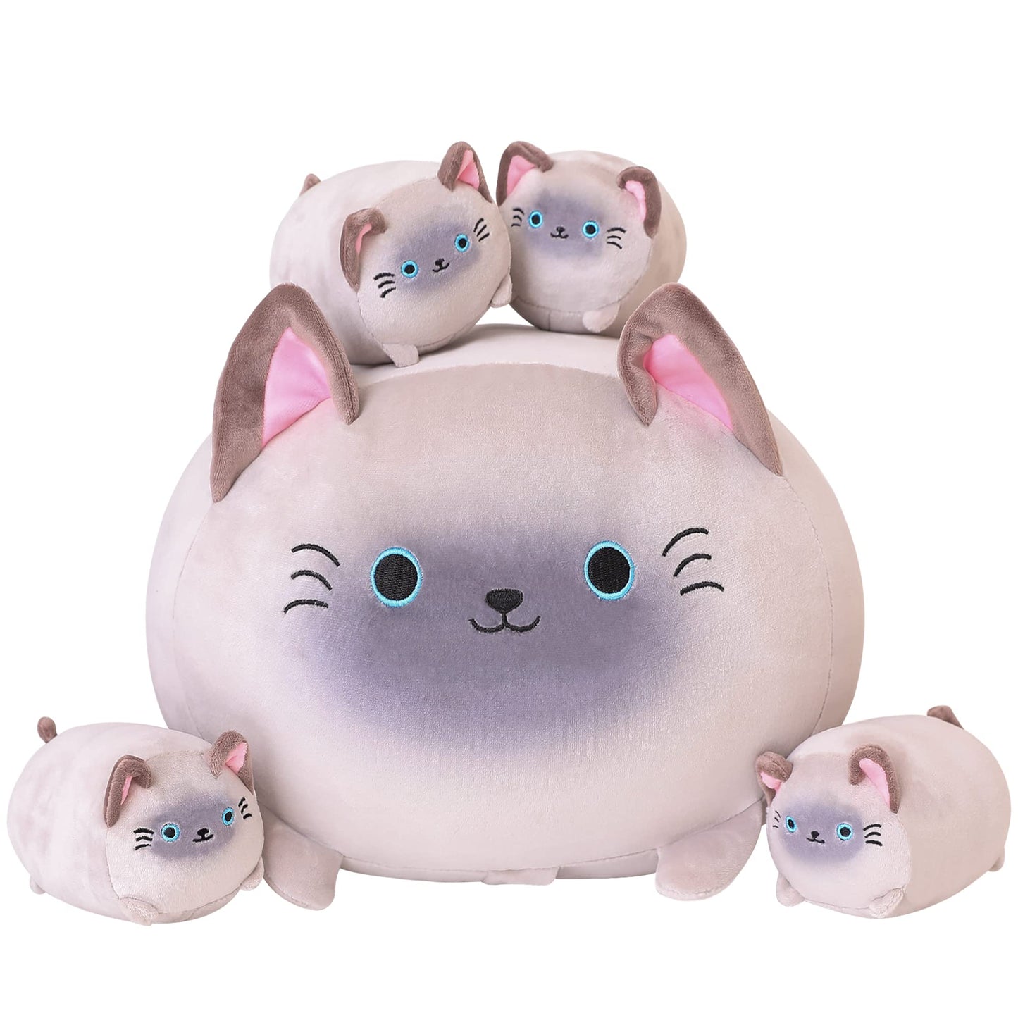 SQEQE Siamese Cat Plush, Cute Stuffed Animals Mommy with 4 Squishy Kitties, Soft Plush Pillow Gifts for Kids
