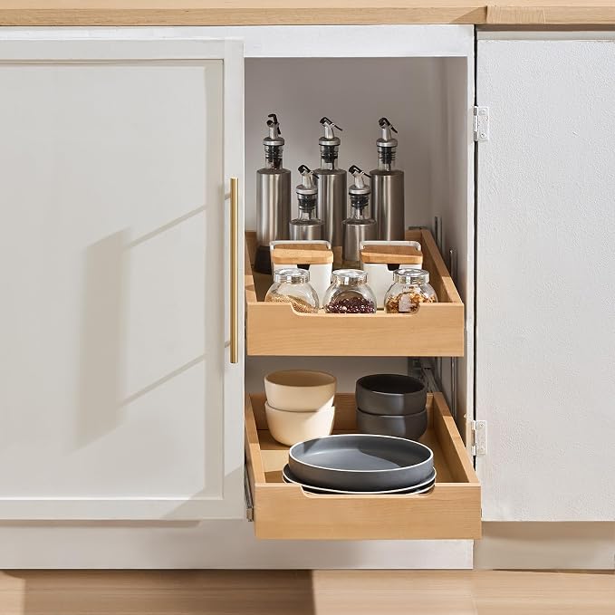 VEVOR 2 Tier Pull Out Cabinet Organizer, 14" W x 21" D Cabinet Drawer, Soft Close Slide out Shelf, Heavy-Duty Sliding Wood Drawer, Adjustable Base Cabinet Organization for Kitchen Pantry Bathroom