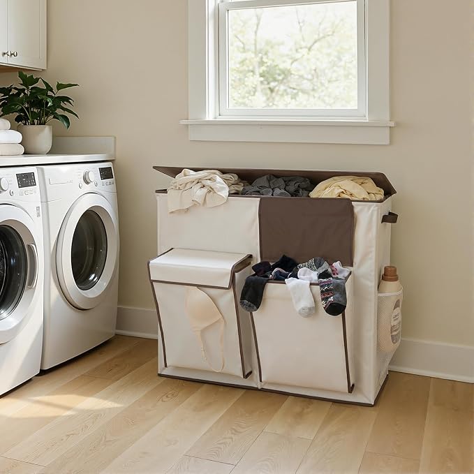 SOLEDI 220L Laundry Hamper 3 Section,Extra Large Laundry Basket with Lid and 2 Side Pockets, Dirty Clothes Hamper with Removable Bag Easy to Carry for Laundry Room, Bedroom, Bathroom, White