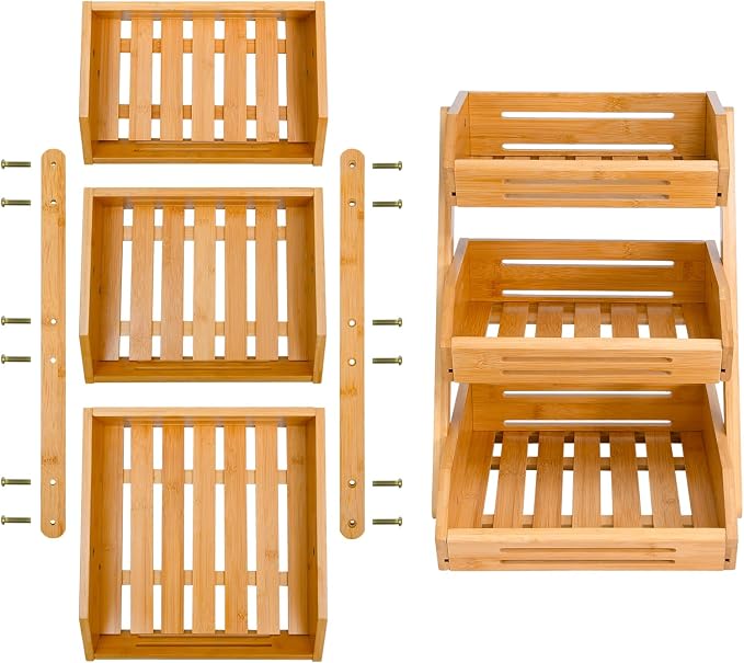 VIKEYHOME Fruit Basket, 3 Tier Bamboo Fruit Bowl for Kitchen, Stand Storage Holder, Heavy Duty/Large Capacity for Fruit, Vegetables Countertop Organizer