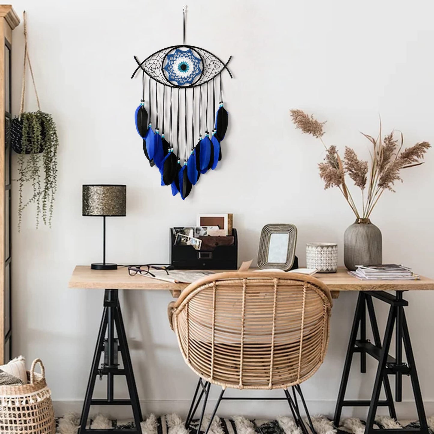 Dremisland Evil Eye Dream Catcher-Blue Black Dream Catchers Handmade Feather Evil Eye Wall Hanging Ornament Home Decor for Bedroom Livingroom Yard, Blessing Craft Gift Bring Good Luck (Blue-Black)