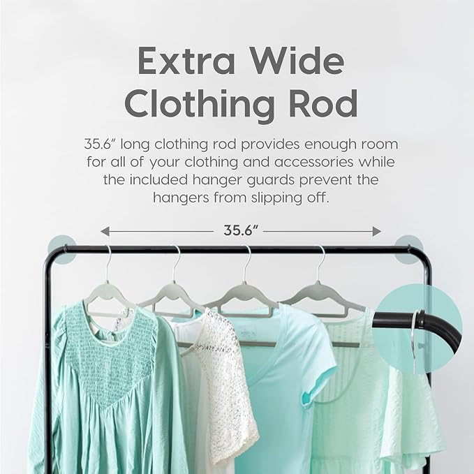 IRIS USA Clothes Rack with 2 Wood Shelves, Freestanding Clothing Racks for Hanging Clothes, Easy to Assemble, Standing Metal Sturdy Garment and Accessories Rack, Plant Stand, White