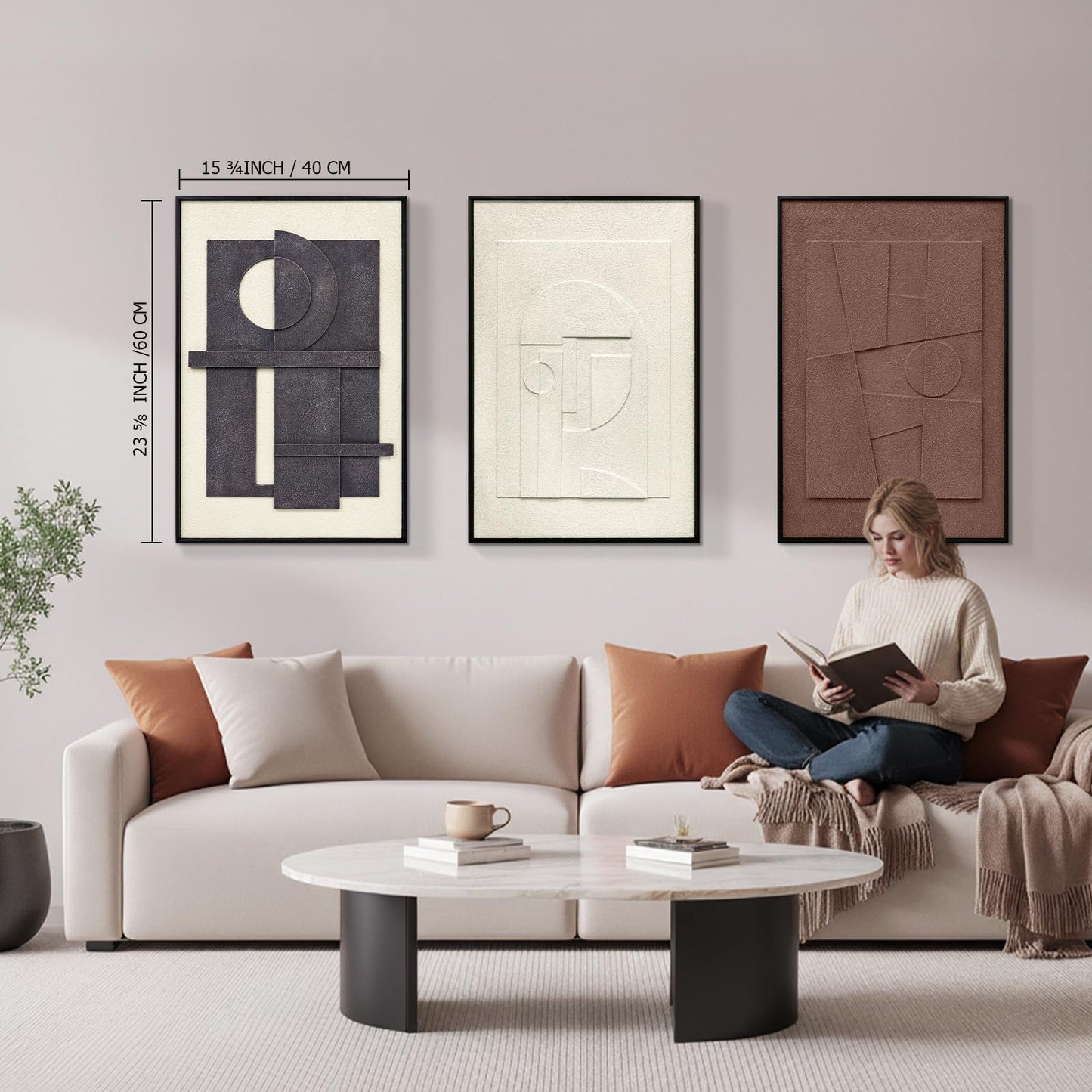 3D Textured Framed Wall Art, 3 Piece Neutral Artwork for Walls, Modern Minimalist Wall Paintings, White Black Geometric Texture Wall Decor for Living Room, Hallway, Office, 16x24In