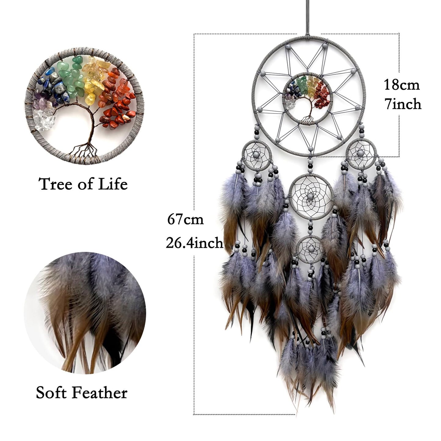 RAGKUU Grey Large Dream Catcher Wall Decor Crystal Tree of Life Dream Catchers Handmade Feather Dreamcatcher Wall Hanging Ornament for Bedroom Living Room Home Decor