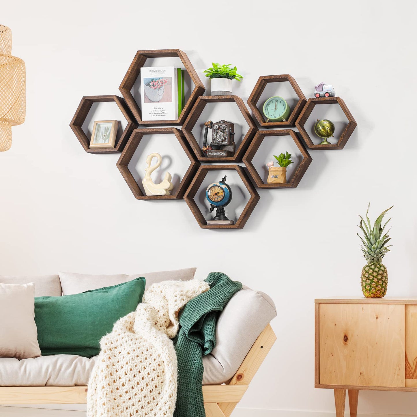 Hexagon Floating Shelves Set of 8 Wood Hexagonal Shelves Brown Wall Decor and Storage Racks for Living Room Floating Honeycomb Plants Shelf Farmhouse Wall Hexagon Hanging Shelf for Bedroom Home