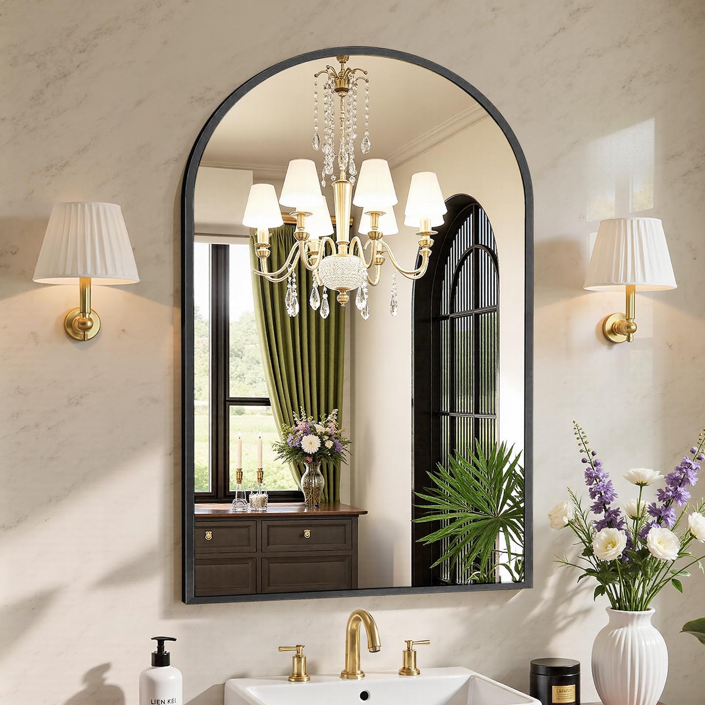 Sweetcrispy 24"x36" Arch Black Bathroom Wall Mirror, Metal Frame Vanity Mirror for Bedroom, Entryway, Living Room