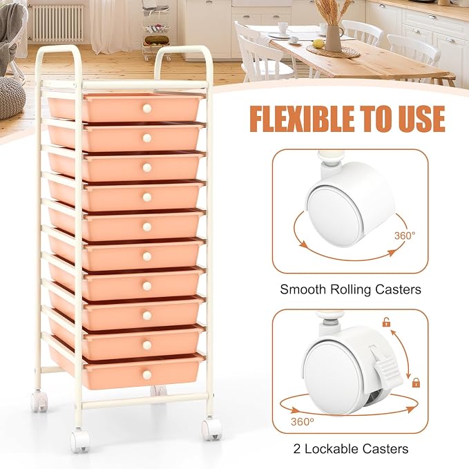 MEDIMALL 10 Drawers Rolling Storage Cart, Multipurpose Craft Storage Cart with Wheels, Mobile Tools Scrapbook Paper Organizer Cart for Office School Home Use