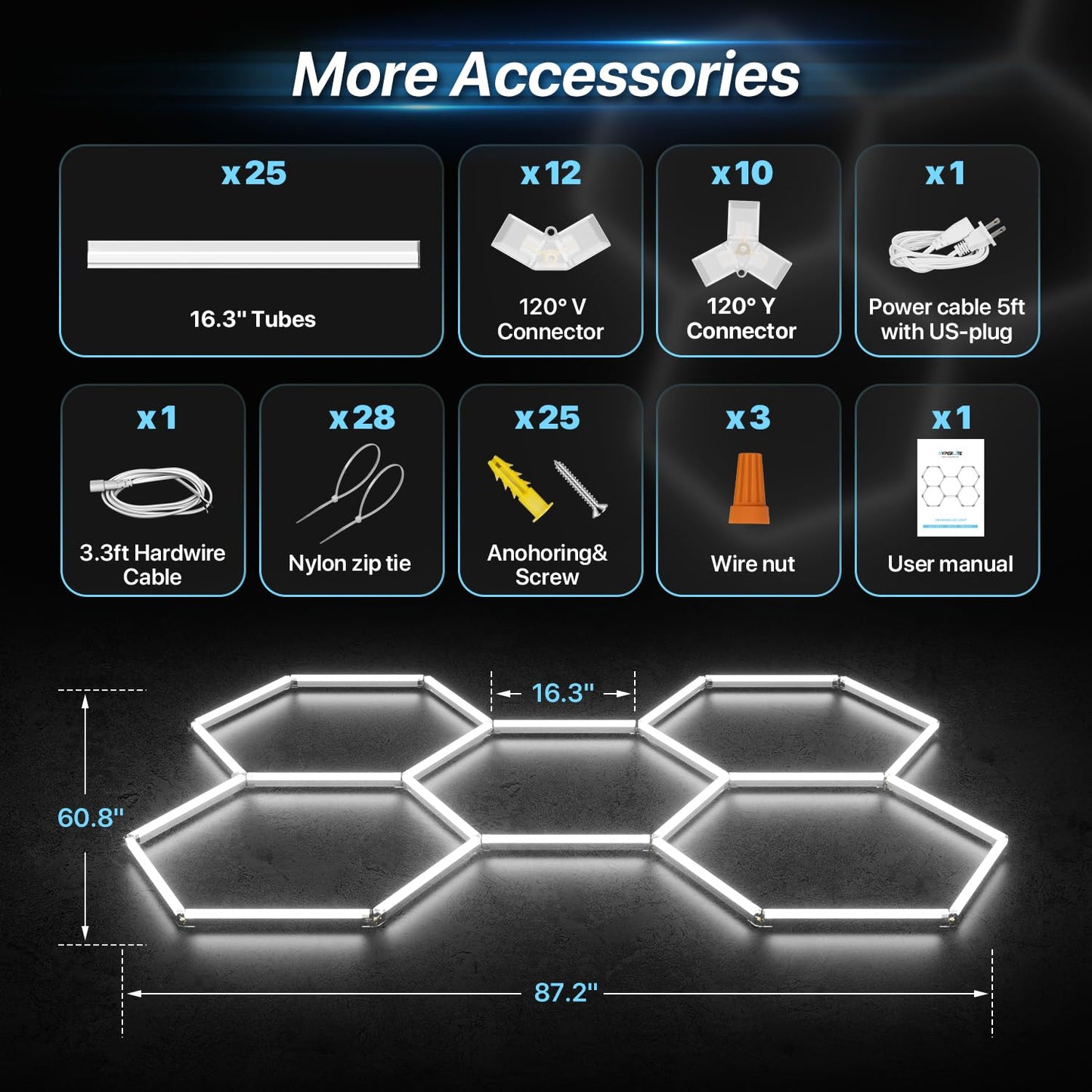 HYPERLITE Gen II Hexagon Garage Lights: 168W 16800LM 5 Grids Hexagon Led Light, 6500K Ultra Bright Honeycomb Hex Lights, Durable Design for Garage, Shop, Basement, Barber, Homegym