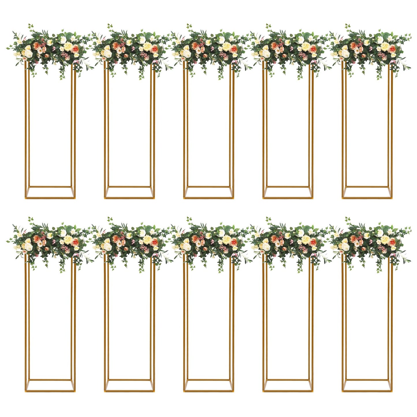 Gdrasuya10 23inch/60cm 10Pcs Gold Flower Stand for Centerpieces,Gold Vase Metal Column Stand,Wedding Flower Stand Tall, Rectangular Frame Flower Stand Geometric Stand for Wedding Party Decoration