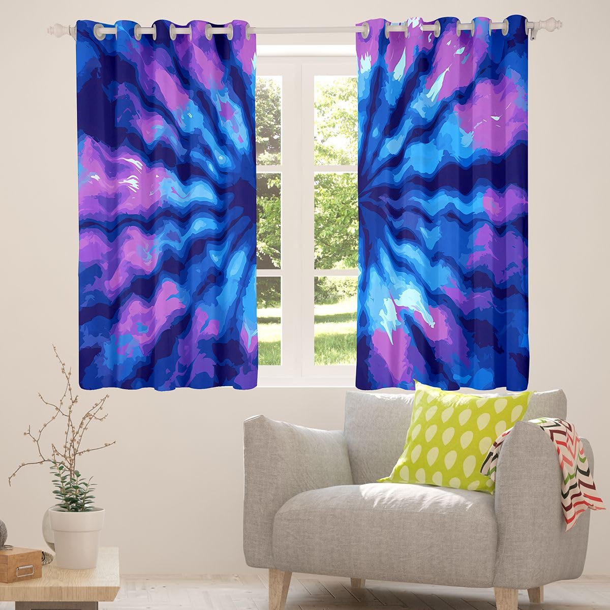 Feelyou Tie Dye Curtains Boho Psychedelic Swirl Grommet Curtain for Bedroom Bohemian Gypsy Thermal Curtain Trippy Boho Tribal Window Draperies Blue Purple 42W x 84L Set of 2 Panels