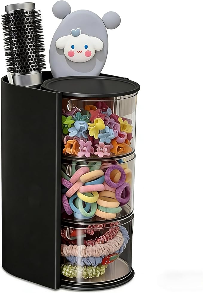 Azurphoric Hair Accessories Organizer with Hair Brush Holder, Rotatable Makeup Brush Holder for Necklaces, Earring, Bracelet, Ring, Makeup Brushes, Hair Clip and Hair Accessories (Black, 3-Layer)