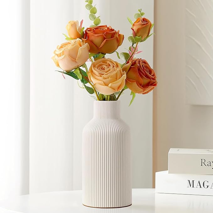 Mfacoy White Ceramic Flower Vase, Minimalist Decor, Modern Home Decorative Vase, Small Pampas Grass Vases For Kitchen, Bedroom, Office, Living Room, Bathroom, Shelf Centerpiece Table Decorations(8 in)