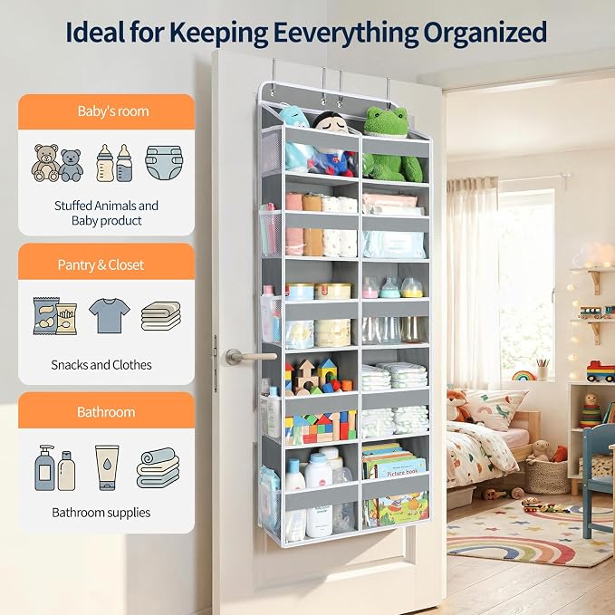 Yecaye Over The Door Organizer, 5 Tier Extra Large Behind Door Storage of 10 Compartments, 80lbs Heavy Duty Door Organizer Hanging with Clear Window for Closet Bedroom Pantry Bathroom, Grey