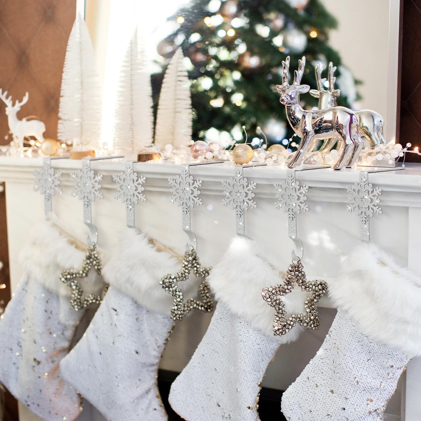 Gisafai Set of 12 Glitter Christmas Mantle Stocking Holders Snowflake Christmas Stocking Hangers Weighted Shiny Metal Fireplace Mantel Non-Slip Hooks for Xmas Party Decoration(Sliver)