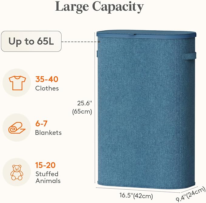 Lifewit Slim Laundry Basket with Lid, Narrow Large Laundry Hamper with Plastic Handles and Removable Bag, Tall Foldable Dirty Clothes Hampers for Laundry Room, Bedroom, Bathroom, Dorm, 65L Dark Blue