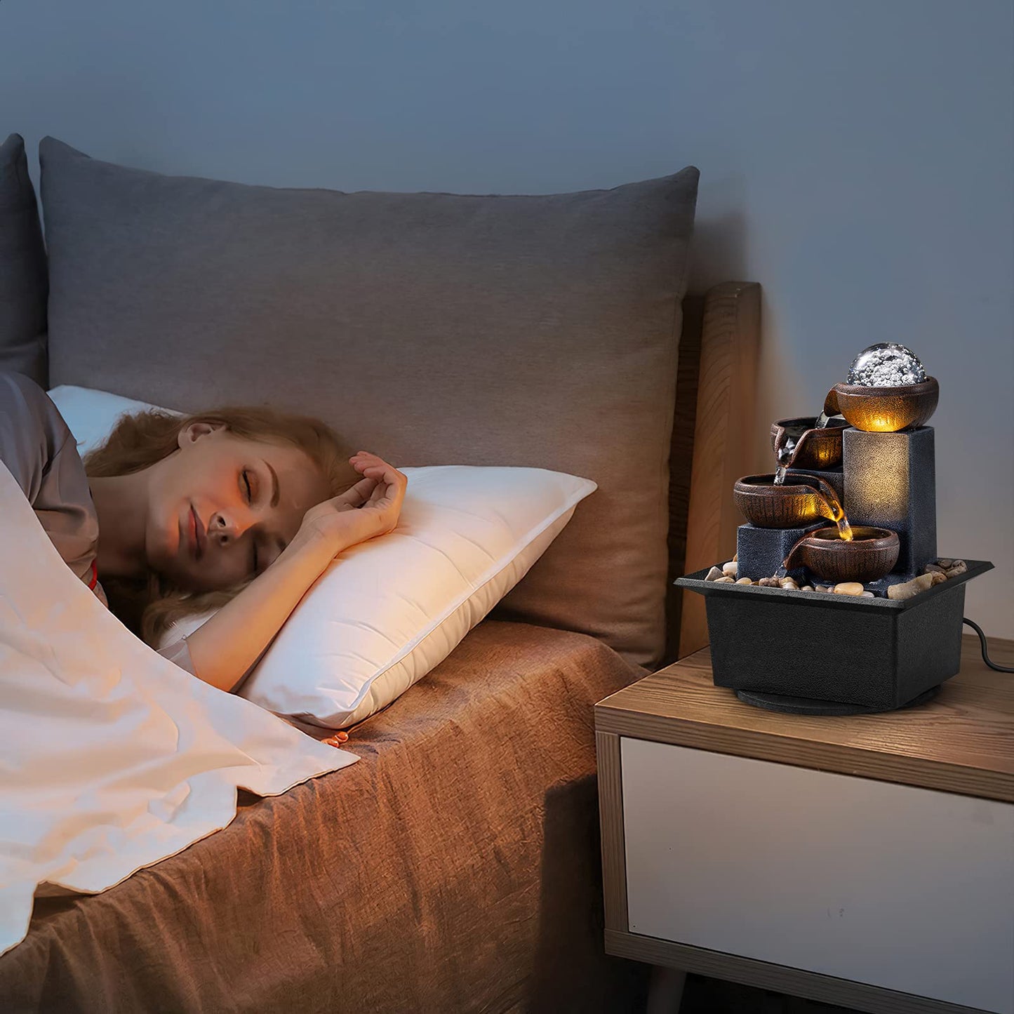Tabletop Fountain 4 Level Tabletop Waterfall Indoor Meditation Fountain Office Home Relax Desktop Waterfall Includes Many Natural River Rocks LED Lights Bubble Ball Great Choice as Festival Gifts