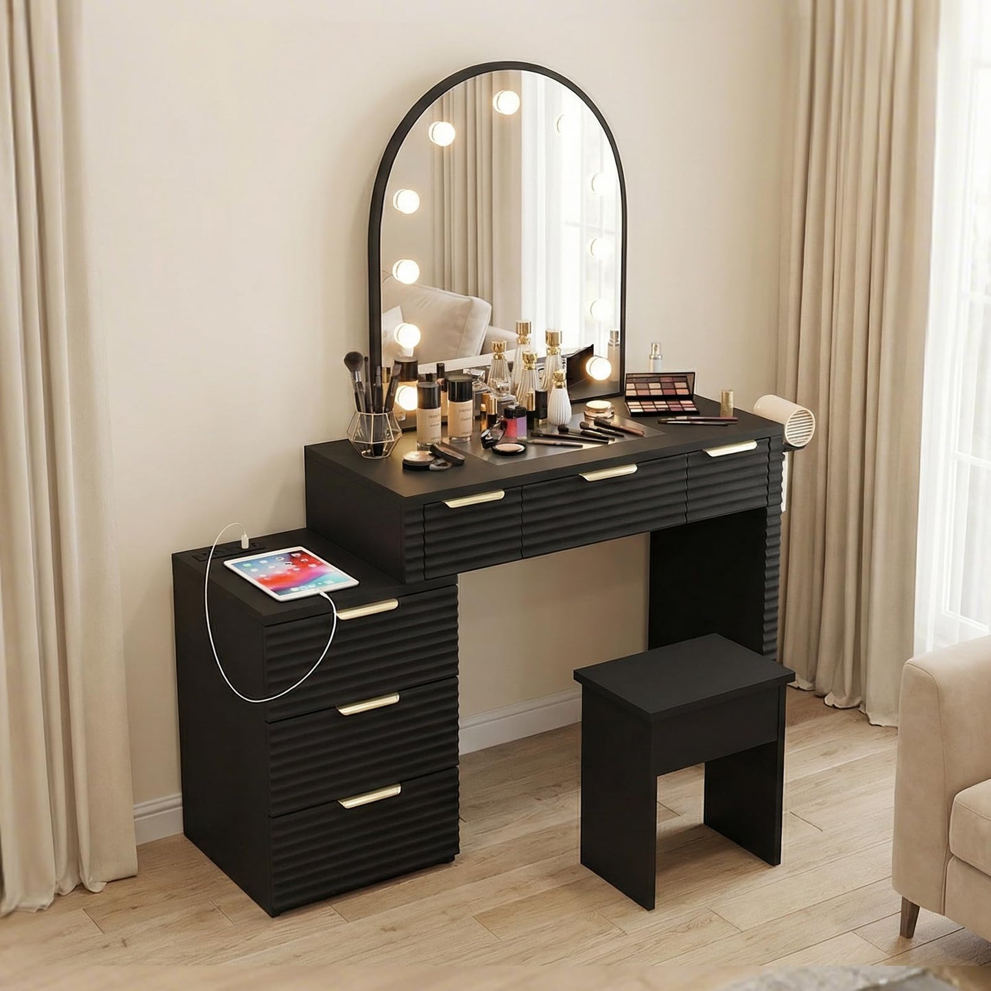 AraSyleon Makeup Vanity Desk with Mirror Lights Black, Glass Tabletop 3 Lighting Modes Adjustable Vanity Table Modern Makeup Desk with Chair Power Outlet and 6 Drawers for Bedroom