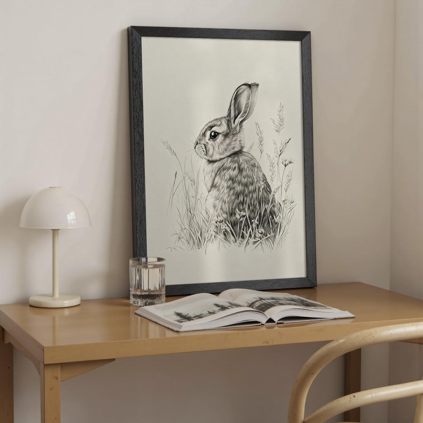 Wild Rabbit Wall Art, 8X10 Inch Black Framed Nature Wildlife Art Poster, Black And White Animal Canvas Print, Farmhouse Wall Decor For Living Room Bedroom Office Ready To Hang
