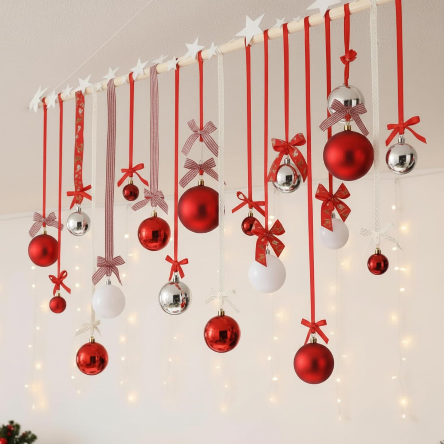 Suncalla 18 Pcs Christmas Wall Hanging Decor with Light Wooden Branch Christmas Plastic Balls Bow Xmas Wall Art for Home Ceiling Indoor Holiday Party Supplies Decor