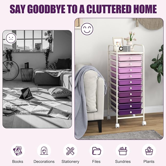 MEDIMALL 10 Drawers Rolling Storage Cart, Multipurpose Craft Storage Cart with Wheels, Mobile Tools Scrapbook Paper Organizer Cart for Office School Home Use