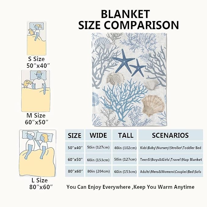 Nautical Coastal Blanket,Ocean Beach Seashell Starfish Throw Blankets,Gifts for Kids & Marine Life Lovers,Lightweight Soft Fleece,for Picnic Sofa Couch Bed Room Travel,Birthday Decor,60x80in
