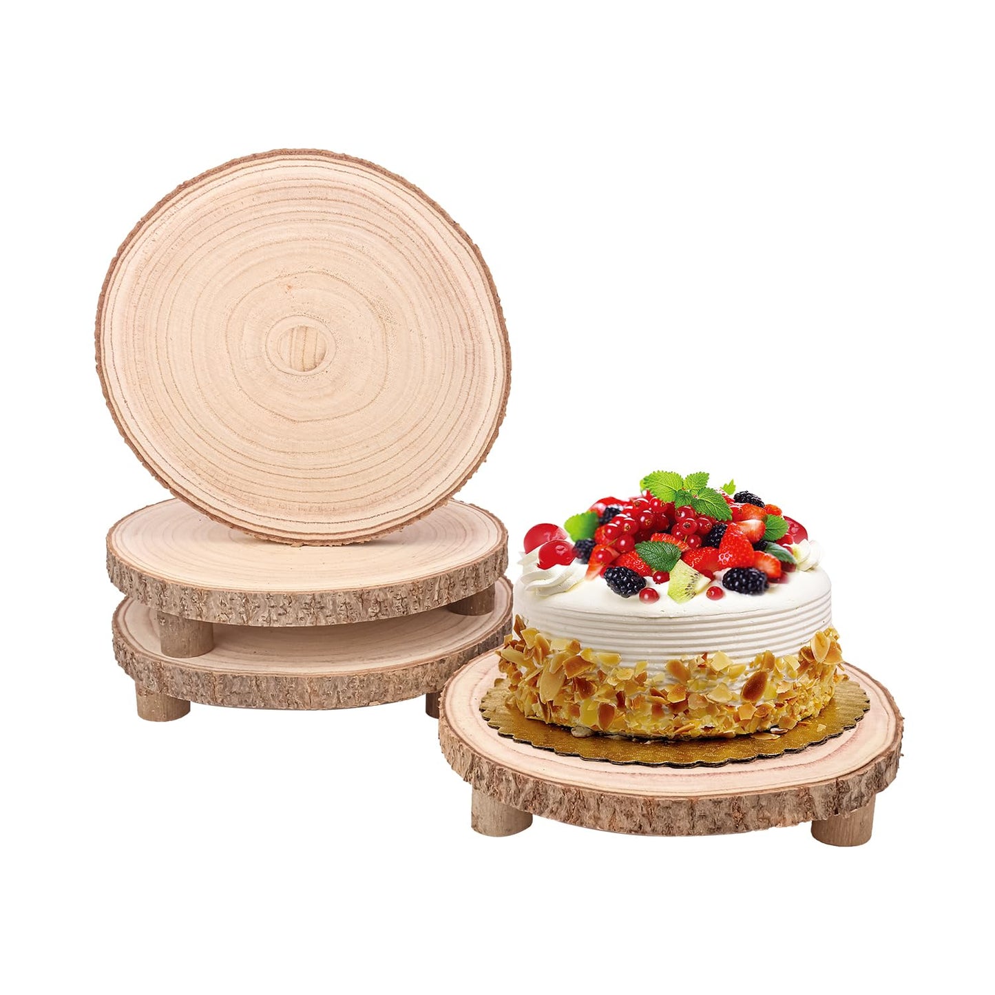 Geytetqi 4 PCS Wooden Cake Stand, 10-11 Inch Rustic Wood Cake Stand, Wood Slice with Legs, Ideal for Weddings, Parties, Home Decorations and Special Events