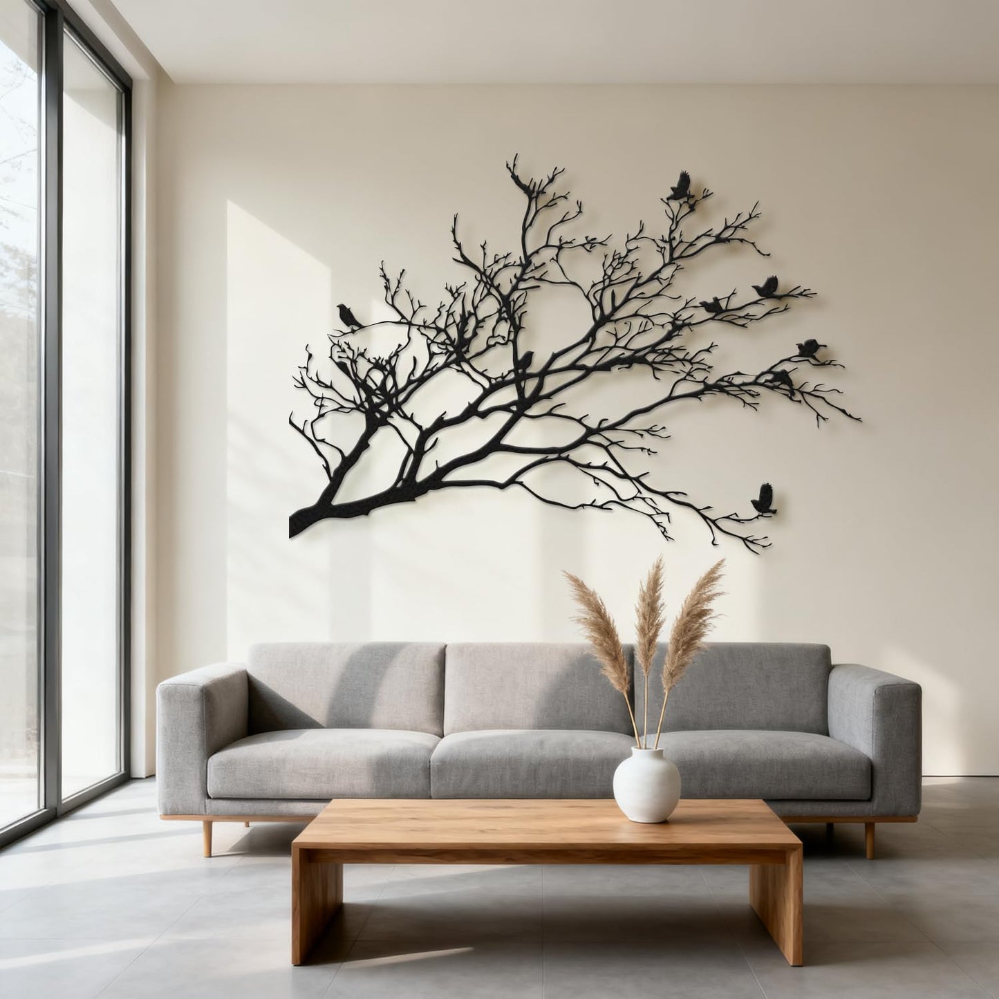 XXQ Branch and Birds Metal Wall Art – Flying Birds on Tree Branch Silhouette, Black & White Finishes, Nature Inspired Wall Decor for Living Room, Bedroom, or Hallway (White, 31" x 22" / 80 x 56 cm)