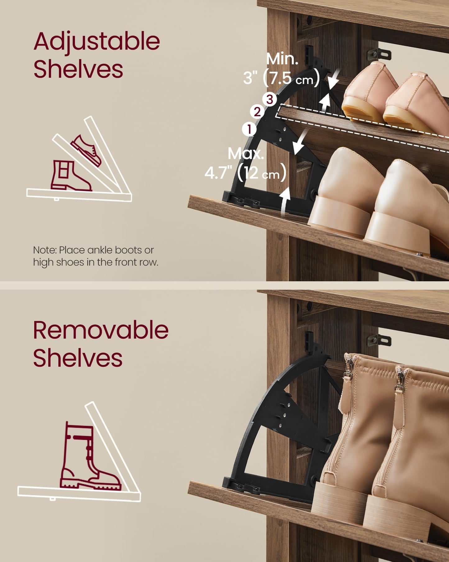 VASAGLE LIRY Collection - Shoe Storage Cabinet Organizer with 2 Flip Drawers, Freestanding Narrow Shoe Rack Cabinet for Entryway, Farmhouse Style, Fits 12 to 16 Pairs, Honey Brown UHSC201K01