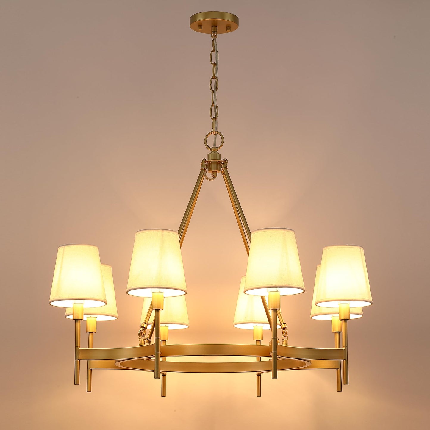 Untrammelife 8 Lights Gold Wagon Wheel Drum Chandelier, 30" Large Round Pendant Lighting Fixture with White Shade for Dining Room Living Room Bedroom Kitchen Island