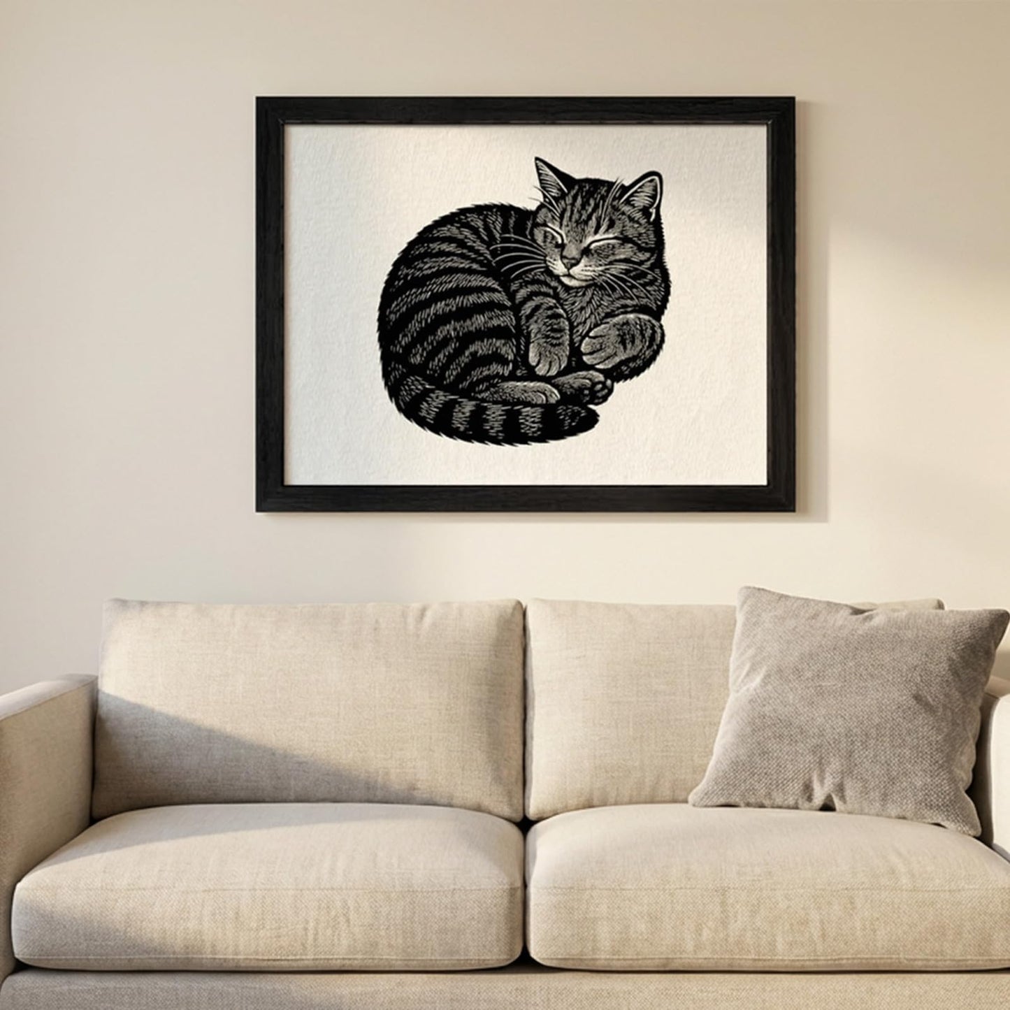 Caelumis Sleeping Cat Wall Art, Black and White Framed Cat Print, Woodcut Style Cat Wall Decor for Living Room, Bedroom or Office, 20 x 16 Inches