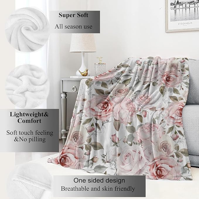 Floral Blanket,Vintage Pink Rose Throw Blankets,Birthday Gifts for Women & Flower Lovers,Lightweight Soft Fleece,for Picnic Sofa Couch Bed Room Travel,Modern Romantic Decor,50x60in