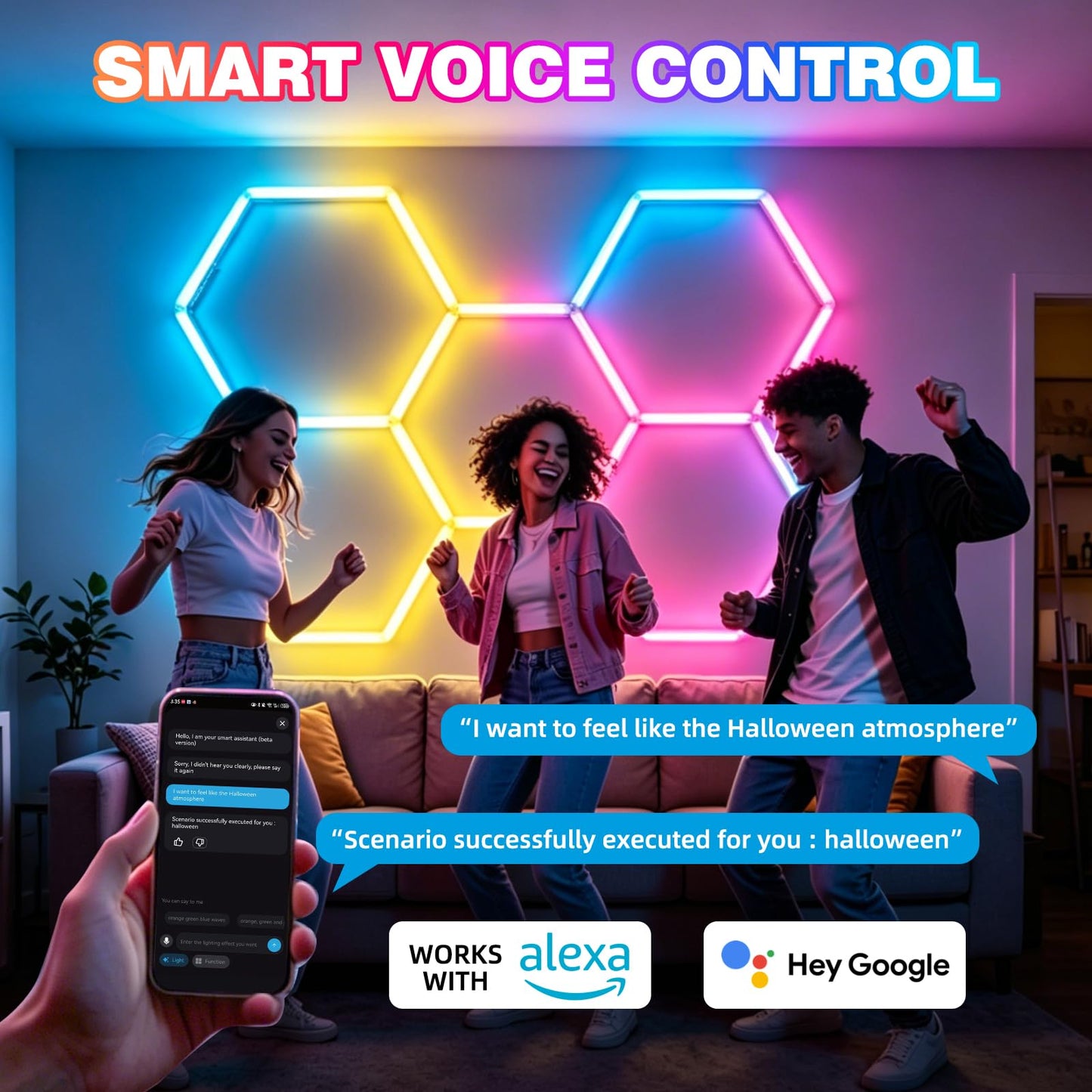 GOSLARLIT Hexagon Garage Lights: 5 Hex RGB Hexagon LED Lights with Music Sync Mode, App & Remote Control, Multi-Color Honeycomb Ceiling Light for Gaming Room, Gym, Garage