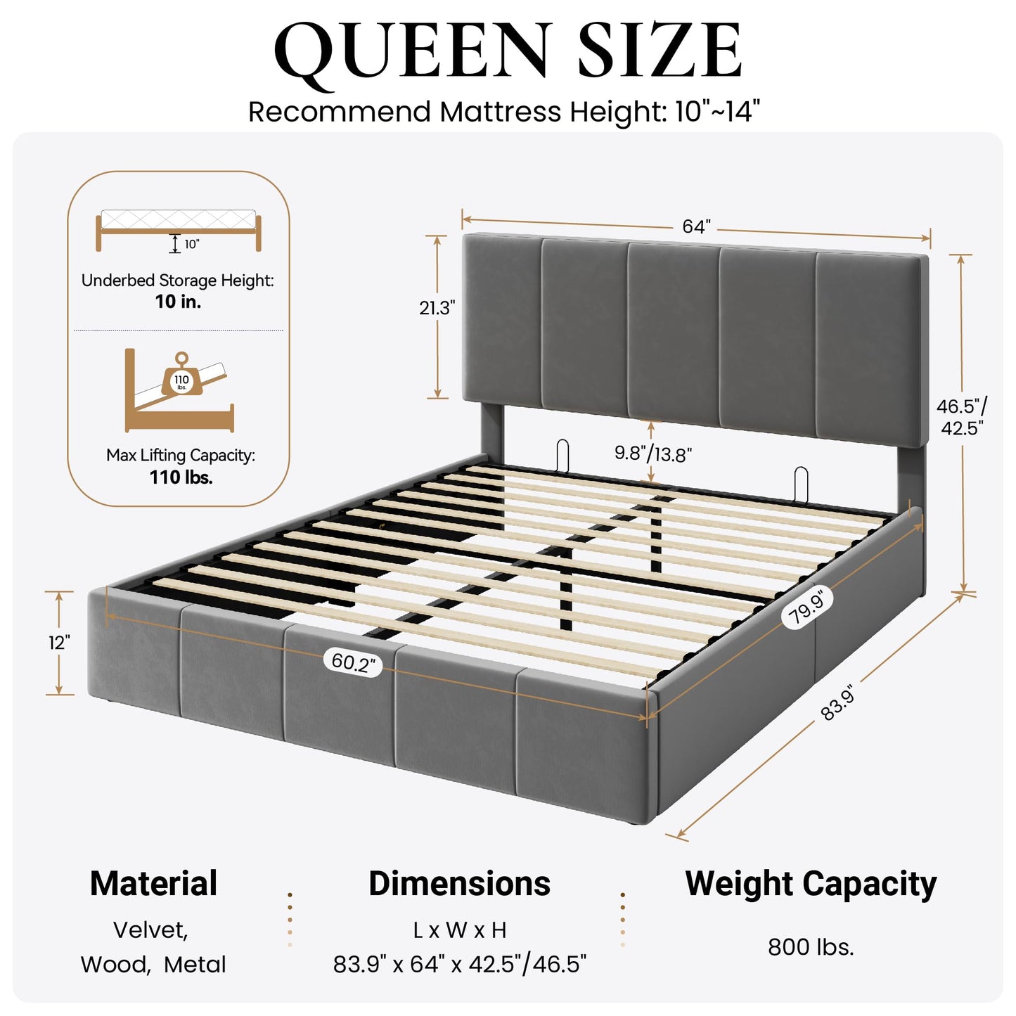 SHA CERLIN Queen Size Lift Up Storage Bed Frame, Adjustable Headboard, Hydraulic Support, Velvet Upholstered, Easy Installation, No Box Spring Needed, Gray