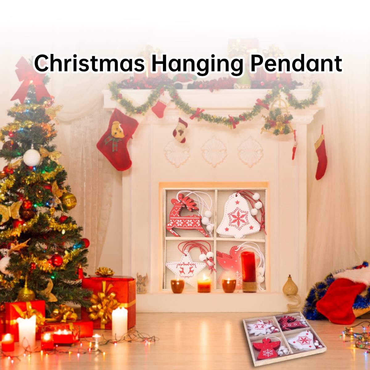 Yosoo 12pcs Christmas Tree Hanging Pendant, Wooden Christmas Decoration with Ropes, Multi Color, Traditional with Whimsical Motifs