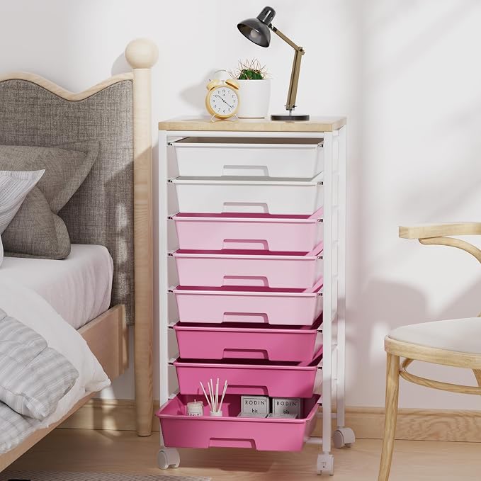 Rolling Cart with 8 Drawers, Storage Drawers Cart with Wooden Tabletop and Lockable Wheels, Craft Storage for Living Room, Office, Classroom, Craft Room, Bedroom