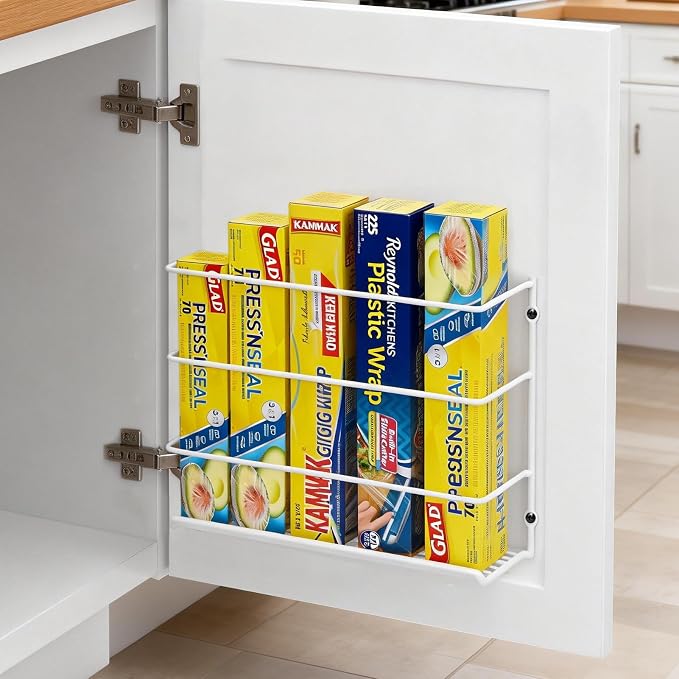 Premium 2-Pack Heavy Duty Kitchen Wrap Organizer, Extra Thick & Sturdy Metal Wire Rack for Cabinet Door, Holds Foil, Plastic Wrap, Wax Paper, Bags, Space Saving Under Sink or Pantry Storage Holder