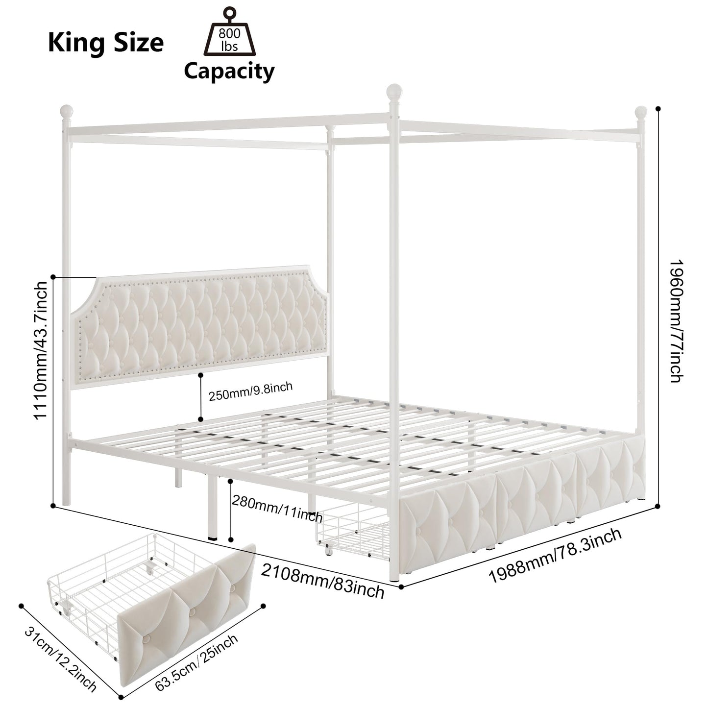 Keyluv King Upholstered Canopy Bed Frame with 3 Drawers and Button Tufted Headboard, Metal Platform Bed with 4 Removable Posts, Two-Purpose Velvet Bed No Box Spring Needed, Beige/Curtains Not Included