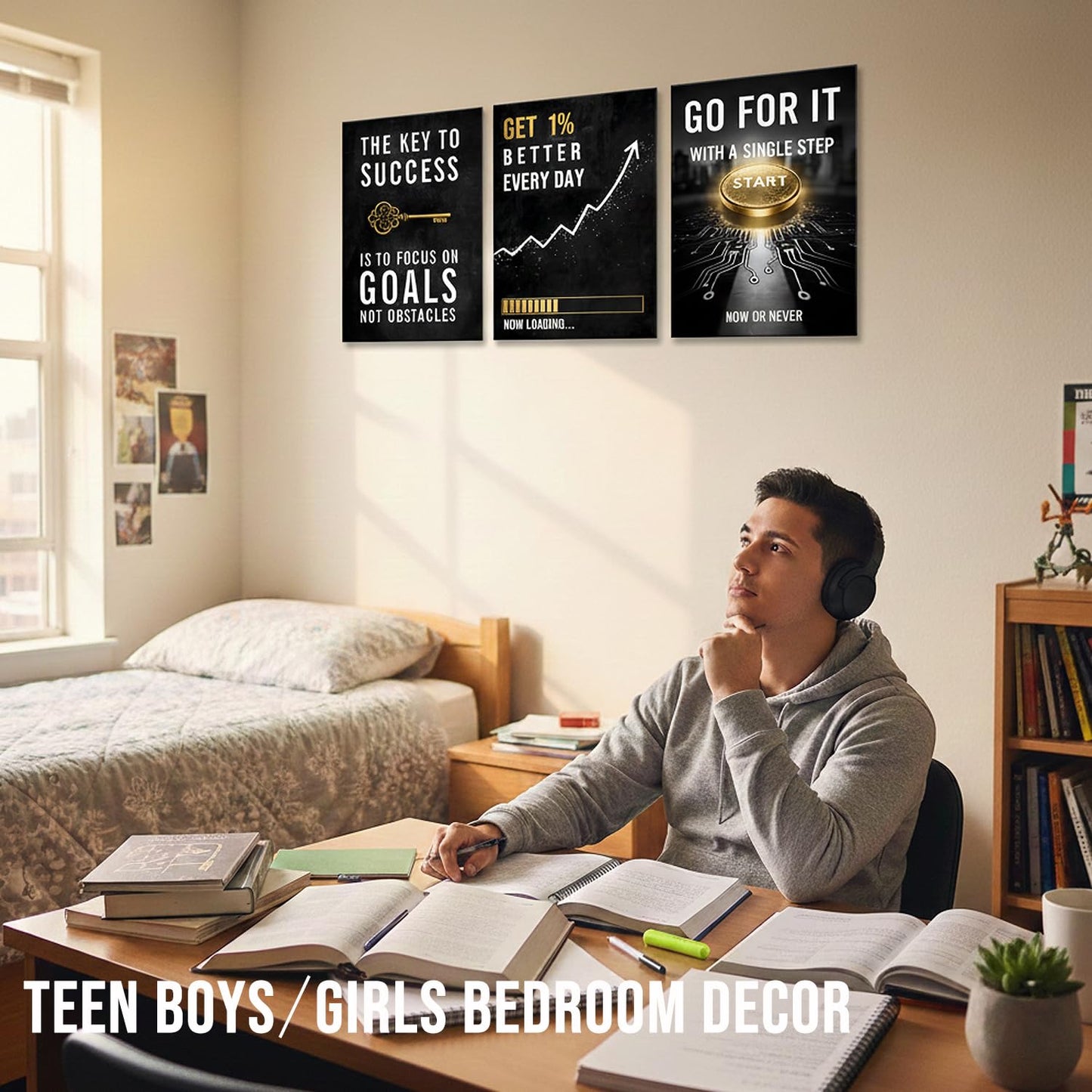 Motivational Office Wall Decor Get 1% Better Every Day Black and White Inspirational Wall Art, 3 Piece Focus on Goals Not Obstacles Quotes, Framed Modern Office Decor for Bedroom, Classroom, Entrepreneurs, Men & Boys